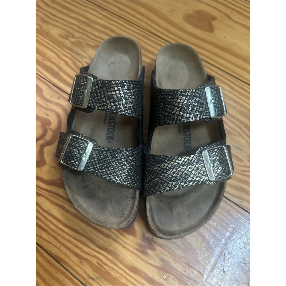 Birkenstock Sydney Cushion Buckle Sandals Sz 39/8.5 Shiny Python Suede
